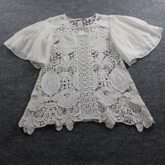Alexis Tops - Alexis Blouse Small Floral Lace Sheer Embroidered White Romantic Feminine Chic